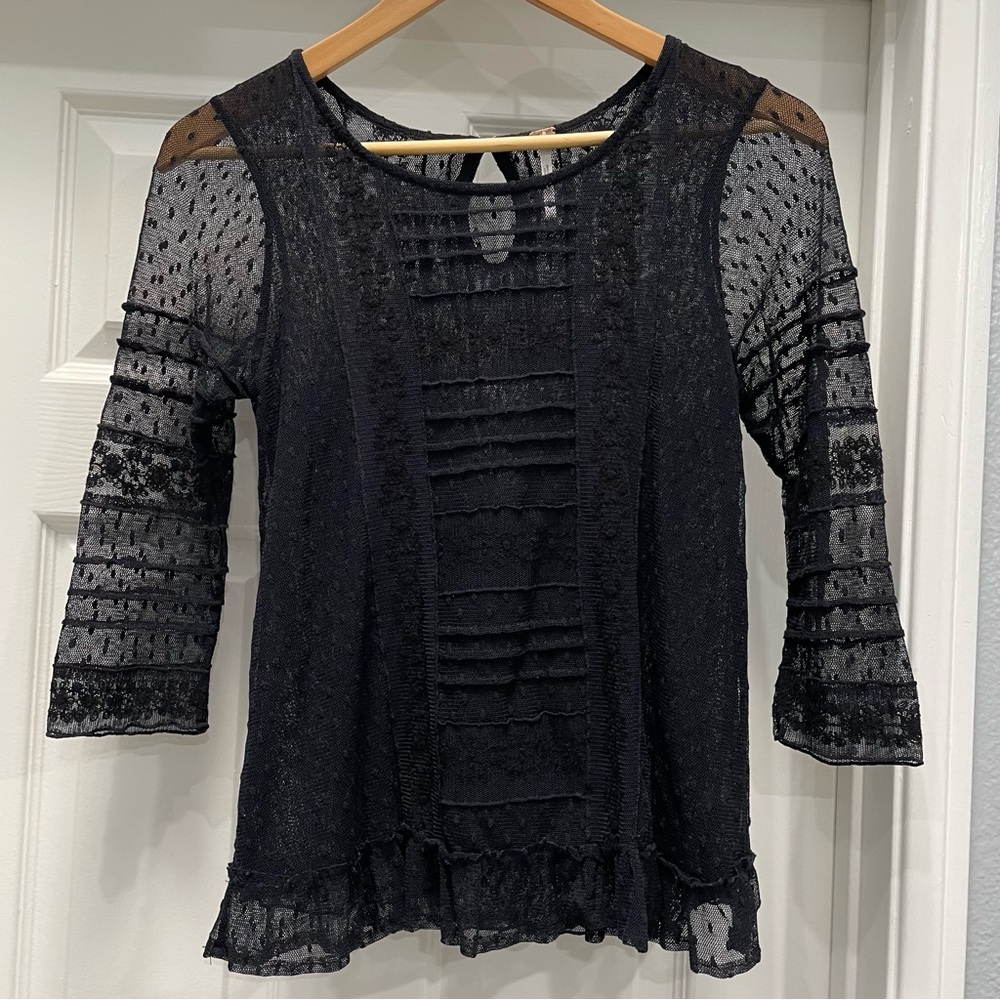 Free People Black Lace Sheer 3/4 Sleeve Top XS